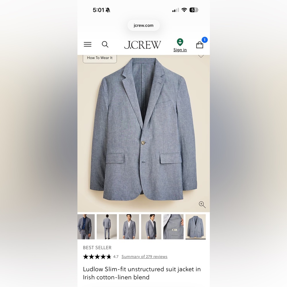 Ludlow Slim-fit unstructured suit jacket in cotton-linen